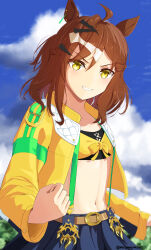 Rule 34 | 1girl, absurdres, ahoge, animal ears, black skirt, blue sky, breasts, clenched hands, commentary request, cowboy shot, crop top, cropped jacket, day, earrings, grin, hair between eyes, hair ornament, highres, horse ears, horse girl, horse tail, jacket, jewelry, jungle pocket (umamusume), long sleeves, looking at viewer, medium hair, midriff, mog (user mtvk5888), multicolored hair, navel, outdoors, single earring, skirt, sky, small breasts, smile, solo, streaked hair, tail, twitter username, umamusume, v-shaped eyebrows, white hair, x hair ornament, yellow eyes, yellow jacket