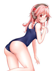 Rule 34 | 1girl, absurdres, ahoge, arm up, ass, blush, breasts, closed mouth, cowboy shot, from behind, headphones, highres, long hair, looking at viewer, looking back, medium breasts, onceskylark, one-piece swimsuit, pink hair, red eyes, school swimsuit, shoulder blades, simple background, solo, standing, standing on one leg, swimsuit, tirpitz (warship girls r), warship girls r, white background