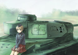 Rule 34 | 10s, 1girl, black hat, black jacket, blurry, blurry foreground, closed mouth, commentary request, day, dress shirt, emblem, garrison cap, girls und panzer, hat, highres, jacket, kuromorimine (emblem), kuromorimine military uniform, long sleeves, looking at viewer, military, military hat, military uniform, military vehicle, motor vehicle, necktie, nito (nshtntr), original, outdoors, own hands together, panzer iii, pleated skirt, red necktie, red shirt, red skirt, shirt, short hair, sitting, skirt, smile, solo, tank, uniform, v arms, wing collar