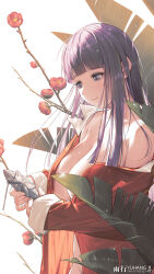 Rule 34 | 1girl, artist name, banana leaf, blunt bangs, branch, breasts, cleavage, closed mouth, coat, commentary, fern (sousou no frieren), flower, highres, large breasts, leaf, long hair, long sleeves, looking at object, naked coat, off shoulder, open clothes, open coat, oversized clothes, pixiv id, plum blossoms, purple eyes, purple hair, red coat, red flower, solo, sousou no frieren, upper body, water drop, yuxing yuhang