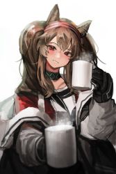 Rule 34 | 1girl, angelina (arknights), animal ears, arknights, black coat, black gloves, blurry, blush, brown hair, coat, cup, depth of field, earpiece, fox ears, gloves, hairband, head tilt, highres, holding, holding cup, infection monitor (arknights), jacket, jiki (gkdlfnzo1245), korean commentary, long hair, looking at viewer, off shoulder, open clothes, open coat, parted lips, red eyes, red jacket, shirt, simple background, smile, solo, steam, twintails, unzipped, upper body, white background, white shirt