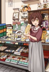 Rule 34 | 1girl, blush, brown eyes, brown hair, calendar (object), commentary request, food, furutaka (kancolle), grey skirt, hair ornament, hairclip, heterochromia, hitakikan, holding, indoors, kantai collection, looking at viewer, maneki-neko, nippon professional baseball, official alternate costume, open mouth, orange eyes, shop, short hair, sign, skirt, solo, stuffed toy, yomiuri giants