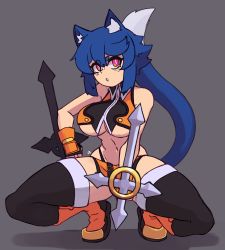 Rule 34 | 1girl, animal ears, bare shoulders, blazblue, blue hair, boots, breasts, cat ears, cat tail, cosplay, crop top, doce, fingerless gloves, gloves, highres, large breasts, makoto nanaya, makoto nanaya (cosplay), microskirt, original, skirt, sleeveless, tail, tonfa, underboob, weapon, xiao (docecaedrus)
