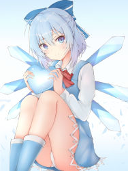 Rule 34 | 1girl, absurdres, ahoge, bad id, bad pixiv id, blue background, blue dress, blue eyes, blue footwear, blue hair, boots, bow, bowtie, cirno, commentary, dress, gradient background, hair between eyes, hair ribbon, half updo, head tilt, heart, highres, holding, holding heart, knees to chest, long sleeves, looking at viewer, nahanmin, panties, pantyshot, pinafore dress, red bow, red bowtie, ribbon, rubber boots, shirt, short hair, sitting, sleeveless dress, smile, solo, touhou, underwear, white background, white panties, white shirt, wings