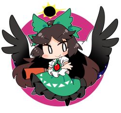Rule 34 | 1girl, arm cannon, bird wings, black hair, black wings, blush, bow, closed mouth, collared shirt, feathered wings, frilled skirt, frills, full body, green bow, green skirt, hair bow, ini (inunabe00), long hair, puffy short sleeves, puffy sleeves, reiuji utsuho, shirt, short sleeves, skirt, smile, solo, third eye, touhou, weapon, white shirt, wings