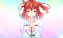 Rule 34 | 1girl, command spell, closed eyes, fate/grand order, fate (series), fujimaru ritsuka (female), hair between eyes, mukunokino isshiki, multicolored background, orange hair, own hands clasped, own hands together, scrunchie, short hair, side ponytail, smile, solo, upper body, yellow scrunchie