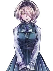 Rule 34 | 1girl, black gloves, blue necktie, breasts, commentary request, danganronpa (series), danganronpa v3: killing harmony, dress, gloves, green eyes, hair ornament, hair over one eye, large breasts, long sleeves, looking at viewer, maid, maid headdress, necktie, pinafore dress, riyuta, short hair, silver hair, simple background, sleeveless dress, sleeves past wrists, smile, solo, teeth, tojo kirumi, upper body, upper teeth only, white background