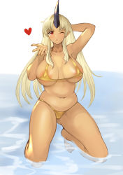Rule 34 | 1girl, absurdres, alternate breast size, areola slip, arm behind head, armpits, bad id, bad pixiv id, bare arms, bare legs, bare shoulders, bikini, blonde hair, blowing kiss, breasts, breasts apart, collarbone, commission, covered erect nipples, dark-skinned female, dark skin, full body, heart, highres, horns, kneeling, large breasts, long hair, looking at viewer, monster girl, monster musume no iru nichijou, navel, ogre, one eye closed, open hand, open mouth, partially submerged, pointy ears, red eyes, simple background, single horn, solo, sookmo, swimsuit, thighs, thong, thong bikini, tionishia, water, white background