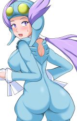 Rule 34 | 1girl, artist request, ass, blush, bodysuit, breasts, creatures (company), from behind, game freak, helmet, highres, huge ass, large breasts, long hair, looking at viewer, looking back, nintendo, open mouth, pokemon, pokemon oras, purple eyes, purple hair, shiny clothes, sideboob, skin tight, solo, sweatdrop, very long hair, winona (pokemon)