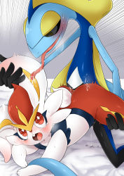 Rule 34 | 1boy, 1girl, animal ears, animal hands, ass, bed sheet, blush, breath, buck teeth, chin katsu, cinderace, creatures (company), drooling, ear licking, emphasis lines, flat chest, furry, game freak, gen 8 pokemon, grey background, half-closed eyes, hetero, inteleon, interspecies, kneeling, licking, lizard tail, long tongue, looking at another, looking down, looking up, matching hair/eyes, nintendo, nose blush, open mouth, pokemon, pokemon (creature), pokephilia, pussy juice, rabbit ears, rabbit tail, red eyes, red hair, saliva, sex, shiny skin, short hair, simple background, spread legs, sweat, tail, tears, teeth, textless version, tongue, tongue out, top-down bottom-up, yellow eyes
