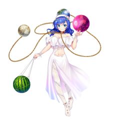 Rule 34 | 1girl, alternate costume, blue eyes, blue hair, blue nails, breasts, cleavage, closed mouth, dress, food, fruit, full body, game cg, hecatia lapislazuli, hecatia lapislazuli (earth), hecatia lapislazuli (tropical goddess), highres, looking at viewer, medium breasts, medium hair, moon (ornament), navel, off shoulder, pantyhose, rotte (1109), simple background, smile, solo, third-party source, touhou, touhou lostword, watermelon, white background, white dress, white pantyhose