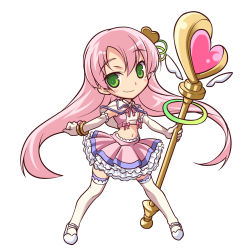 Rule 34 | 1girl, bow, character request, chibi, elbow gloves, frills, full body, gloves, green eyes, hair ornament, kiritani kain, kubota (pixiv), long hair, lowres, magical girl, midriff, navel, pink bow, pink hair, pink skirt, puzzle &amp; dolls, shoes, skirt, smile, solo, staff, standing, thighhighs, twintails, white background, white gloves, white thighhighs, zettai ryouiki
