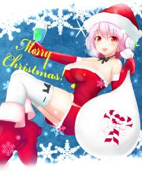 Rule 34 | 1girl, bad id, bad pixiv id, bare shoulders, breasts, christmas, elbow gloves, gloves, hat, headphones, highres, kirimoti34, large breasts, looking at viewer, merry christmas, nitroplus, open mouth, pink hair, red eyes, sack, santa costume, santa gloves, santa hat, snow, snowflakes, solo, super sonico, thighhighs, white thighhighs