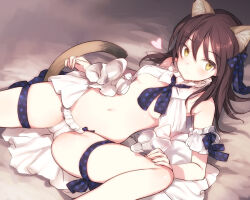 Rule 34 | 1girl, animal ears, bow, breasts, brown hair, cat ears, cat girl, cat tail, cleavage, detached sleeves, eleonore giovanna gassion, green eyes, heart, long hair, looking at viewer, luminous witches, medium breasts, navel, necktie, open clothes, open shirt, panties, polka dot, polka dot bow, shimada fumikane, solo, tail, thigh strap, underwear, white panties, world witches series
