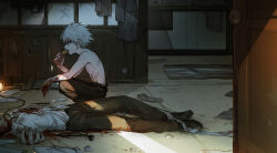 Rule 34 | 2boys, absurdres, black eyes, blood, blood on clothes, blood on hands, corpse, death, door, eating, food, grey hair, highres, holding, holding food, hunter x hunter, indoors, kiko, killua zoldyck, light, male focus, multiple boys, on floor, out of frame, pants, shirt, squatting, toned, toned male, topless male, white shirt