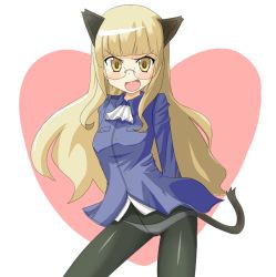 Rule 34 | 1girl, animal ears, blonde hair, cat ears, cat tail, crotch seam, glasses, hottan!, long hair, looking at viewer, military, military uniform, open mouth, panties, panties under pantyhose, pantyhose, perrine h. clostermann, solo, strike witches, tail, underwear, uniform, world witches series, yellow eyes