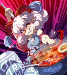 Rule 34 | bare shoulders, blue dress, blue ribbon, bowl, curly hair, detached sleeves, dragon, dress, earrings, egg, egg (food), food, glowing, glowing eyes, grin, hand up, highres, holding, holding bowl, holding food, horizontal pupils, horn ornament, horn ribbon, horns, jewelry, looking at viewer, noodles, orange eyes, pointy ears, ramen, red eyes, red horns, ribbon, sharp teeth, sheep horns, smile, solo, spicy, spork, syope, teeth, tongs, touhou, toutetsu yuuma, white hair