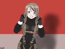 Rule 34 | 1girl, aqua eyes, armor, armored dress, artist name, artist request, black gloves, blue eyes, blush, breasts, brown hair, clenched hands, cosplay, female focus, gloves, grey hair, hair between eyes, light brown hair, looking at viewer, love live!, love live! sunshine!!, parted lips, short hair, small breasts, smile, solo, teeth, turtleneck, watanabe you
