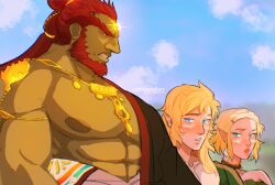 Rule 34 | 1girl, 2boys, abs, bara, bare pectorals, blush, breast envy, colored skin, from side, ganondorf, green skin, hadanugi dousa, highres, huge eyebrows, large areolae, large pectorals, link, looking at another, looking at pectorals, male focus, mature male, meme, multiple boys, muscle envy, muscular, muscular male, nintendo, nipples, open kimono, girl staring at guys chest (meme), pectorals, princess zelda, sanpaku, stormcallart, the legend of zelda, the legend of zelda: tears of the kingdom, yaoi