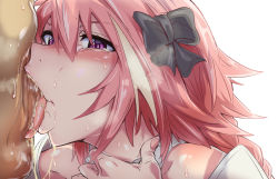 Rule 34 | 2boys, artist request, astolfo (fate), black bow, blush, body blush, bow, braid, censored, clothed male nude male, deepthroat, erection, fate (series), fellatio, hair bow, hand on own throat, long braid, long hair, looking at viewer, mosaic censoring, multicolored hair, multiple boys, nail polish, nude, oral, penis, pink hair, purple eyes, ribbon, saliva, saliva trail, shiny skin, simple background, source request, streaked hair, tareme, tearing up, tongue, tongue out, trap, very long hair, white background, yaoi
