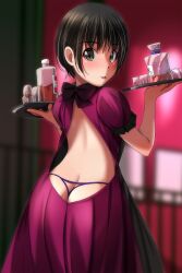 Rule 34 | 1girl, :p, absurdres, ass, backless dress, backless outfit, black bow, black hair, blurry, blurry background, blush, bow, brown eyes, butt crack, closed mouth, depth of field, dress, from behind, highres, holding, holding tray, indoors, looking at viewer, looking back, matsunaga kouyou, nose blush, original, panties, puffy short sleeves, puffy sleeves, purple dress, purple panties, short sleeves, smile, solo, thong, tongue, tongue out, tray, underwear
