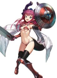 Rule 34 | &gt;:d, 10s, 1girl, :d, akisa yositake, armor, armored boots, armpits, arms up, bikini, bikini armor, black thighhighs, blue eyes, blush, boots, breasts, curled horns, elizabeth bathory (brave) (fate), elizabeth bathory (fate), fate/extra, fate/extra ccc, fate (series), foreshortening, gauntlets, greaves, hairband, holding, holding shield, holding sword, holding weapon, horns, knee boots, long hair, looking at viewer, navel, open mouth, oversized clothes, pauldrons, pink hair, pointy ears, red bikini, shield, shoulder armor, sidelocks, simple background, small breasts, smile, solo, stomach, swimsuit, sword, tail, tareme, thighhighs, thighs, underboob, unsheathed, v-shaped eyebrows, weapon, white background