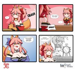 Rule 34 | ..., 3girls, 4koma, :3, animal ear fluff, animal ears, animal hands, bare shoulders, bell, blue bow, blue kimono, blue ribbon, blush, bow, breasts, cat paws, cleavage, collar, collarbone, comic, commentary, detached sleeves, english commentary, fangs, fate/grand order, fate (series), fox ears, fox girl, fox tail, gloves, highres, japanese clothes, jingle bell, keita naruzawa, kimono, large breasts, mini person, minigirl, multiple girls, multiple persona, neck bell, open mouth, paw gloves, pink hair, ponytail, red kimono, red ribbon, ribbon, speech bubble, split ponytail, square 4koma, tail, tamamo (fate), tamamo cat (fate), tamamo cat (first ascension) (fate), tamamo no mae (fate/extra), yellow eyes