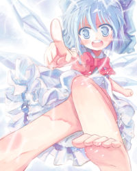 Rule 34 | bad id, bad pixiv id, barefoot, blue eyes, blue hair, bow, bowtie, cirno, embodiment of scarlet devil, feet, foreshortening, highres, nean, no panties, pointing, short hair, solo, touhou, wings