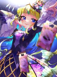 Rule 34 | 1girl, arm up, blonde hair, blue eyes, blue hair, blunt bangs, braid, braided bun, breasts, card, closed mouth, colored inner hair, commentary request, cowboy shot, crown hat, double bun, drill hair, eyeshadow, facial mark, frilled sleeves, frills, gothic lolita, hair bun, hand up, highres, idol clothes, kokoa remon, kokoa remon (primagista), lolita fashion, long hair, long sleeves, looking at viewer, makeup, moukinui, multicolored hair, pretty series, red eyeshadow, red lips, sidelocks, small breasts, smile, solo, stained glass print, standing, streaked hair, waccha primagi!