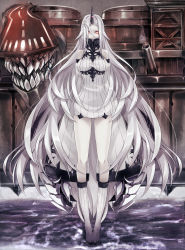 Rule 34 | 10s, 1girl, abyssal ship, albino, bad id, bad pixiv id, breasts, claws, detached sleeves, dress, highres, horns, kantai collection, legs, long hair, pale skin, pokimari, red eyes, ribbed dress, ribbed sweater, seaport princess, short dress, single horn, solo, standing, standing on liquid, sweater, sweater dress, very long hair, water