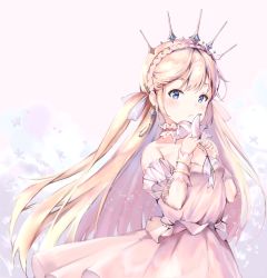 Rule 34 | 1girl, aurora (destiny child), bare shoulders, blonde hair, blue eyes, braid, breasts, destiny child, dress, earrings, flower, frilled sleeves, frills, jewelry, long hair, looking at viewer, nather, pink dress, small breasts