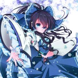 Rule 34 | 1girl, alternate color, ascot, black hair, blue eyes, detached sleeves, female focus, flower, hair ribbon, hair tubes, hakurei reimu, kayama benio, long hair, long sleeves, looking at viewer, midriff, navel, outstretched arm, outstretched hand, player 2, ribbon, sarashi, shirt, skirt, skirt set, smile, solo, touhou, wide sleeves