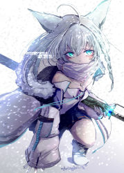 Rule 34 | 1girl, ahoge, animal ears, artist name, black dress, boots, braid, breasts, commentary request, dog tags, dress, fox ears, fox girl, fur-trimmed jacket, fur trim, glint, green eyes, hair between eyes, highres, holding, holding sword, holding weapon, hololive, jacket, kneeling, looking at viewer, on one knee, open clothes, open jacket, scarf, sheath, shigaki, shirakami fubuki, shirakami fubuki (fubukitek), sidelocks, simple background, single braid, small breasts, solo, sword, unsheathing, virtual youtuber, weapon, white background, white footwear, white hair, white jacket