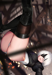 Rule 34 | 1girl, ass, black dress, black footwear, black hairband, black thighhighs, blindfold, boots, breasts, brown thighhighs, cameltoe, covered eyes, dress, hair over one eye, hairband, high heel boots, high heels, highleg, highleg leotard, juliet sleeves, legs together, leotard, light particles, lips, long sleeves, looking at viewer, medium breasts, midair, mole, mole under mouth, nier:automata, nier (series), no pants, nose, parted lips, pink lips, puffy sleeves, ribbed dress, short hair, silver hair, solo, thighhighs, thighs, thong, thong leotard, weapon, white leotard, xiaoshou xiansheng, 2b (nier:automata)