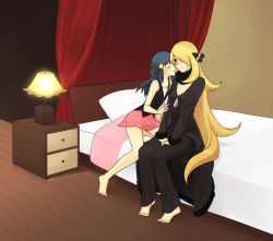 Rule 34 | 00s, 2girls, age difference, artist request, bare legs, bare shoulders, barefoot, bed, blonde hair, blue hair, blush, breasts, cleavage, closed eyes, creatures (company), cynthia (pokemon), dawn (pokemon), game freak, hair ornament, hair over one eye, height difference, imminent kiss, long hair, medium breasts, multiple girls, nintendo, pokemon, pokemon dppt, scarf, sitting, skirt, small breasts, v arms, very long hair, yuri