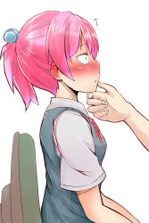 Rule 34 | 10s, 1girl, ^^^, absurdres, bad id, bad pixiv id, blue eyes, blush, chair, constricted pupils, ear blush, from side, full-face blush, hand on another&#039;s chin, highres, kantai collection, okuva, parted lips, pink hair, ponytail, profile, ribbon, shiranui (kancolle), shirt, short sleeves, simple background, sitting, solo focus, vest, white background, white shirt, wide-eyed