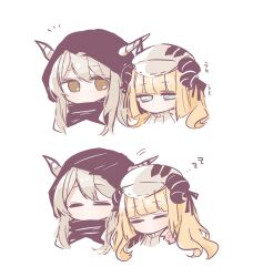 Rule 34 | 2girls, arknights, black hood, black horns, blonde hair, cabbie hat, chibi, closed eyes, curled horns, fukarinchi, hand on another&#039;s shoulder, hat, highres, horns, multiple girls, nightingale (arknights), portrait, shining (arknights), simple background, sleeping, sleepy, sweater, white background, white hair, white headwear, white horns, white sweater, zzz
