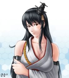 Rule 34 | 10s, 1girl, black hair, breasts, cleavage, fusou (kancolle), gradient background, hair ornament, huge breasts, japanese clothes, kantai collection, long hair, smile, solo, taikyokuturugi