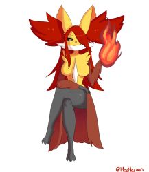 Rule 34 | 1girl, animal ear fluff, animal ears, animal hands, artist name, black sclera, breasts, closed mouth, colored sclera, creatures (company), crossed legs, delphox, female focus, fire, fox ears, full body, furry, furry female, game freak, gen 6 pokemon, hair over one eye, hand up, happy, highres, invisible chair, jpeg artifacts, long hair, looking at viewer, medium breasts, mezmaroon, nintendo, orange eyes, pokemon, pokemon (creature), red hair, simple background, sitting, smile, solo, twitter username, white background