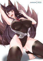 Rule 34 | 1girl, akagi (azur lane), animal ears, arm up, armpits, azur lane, black one-piece swimsuit, blush, breasts, brown hair, brown one-piece swimsuit, brown thighhighs, cameltoe, commentary, covered erect nipples, covering privates, covering one breast, english commentary, eyeliner, fangs, fox ears, fox tail, grabbing own breast, groin, hand up, headset, highleg, highleg swimsuit, highres, large breasts, long hair, looking at viewer, makeup, multiple tails, one-piece swimsuit, open clothes, open mouth, open shirt, patreon username, red eyes, shirt, simple background, sleeveless, sleeveless shirt, smile, squatting, swimsuit, tail, thighhighs, thighs, tnolize, toeless legwear, white background, white shirt