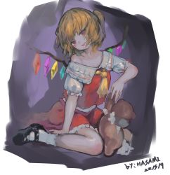Rule 34 | 1girl, absurdres, ascot, blonde hair, bobby socks, crystal, flandre scarlet, highres, hua ha jiazi, looking at viewer, mary janes, no headwear, no headwear, one side up, puffy short sleeves, puffy sleeves, red eyes, red skirt, red vest, ribbon, shadow, shoes, short sleeves, sitting, skirt, skirt set, socks, solo, stuffed animal, stuffed toy, teddy bear, touhou, vest, white socks, wings