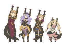 Rule 34 | 2boys, 2girls, :d, ai-wa, armor, arms up, black gloves, blonde hair, boots, bow, brown eyes, camilla (fire emblem), dragon horns, dragon tail, dress, elise (fire emblem), closed eyes, fire emblem, fire emblem fates, gloves, hair over one eye, horns, kobayashi-san chi no maidragon, leo (fire emblem), multicolored hair, multiple boys, multiple girls, nintendo, open mouth, parody, purple eyes, purple hair, red eyes, siblings, smile, streaked hair, style parody, tail, twintails, xander (fire emblem)
