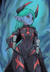 Rule 34 | 1girl, aqua hair, black bodysuit, black sclera, blue skin, bodysuit, breasts, closed mouth, colored sclera, colored skin, covered navel, cowboy shot, dragon quest, dragon quest x, elf, elf (dq10), eyelashes, highres, horns, legs apart, long hair, muramasa mikado, parted bangs, pointy ears, red eyes, small breasts, smile, solo, standing, waist cape