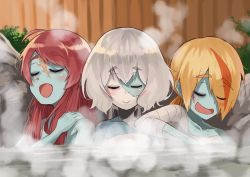 Rule 34 | 3girls, bandages, bare shoulders, blonde hair, blue skin, collarbone, colored skin, closed eyes, highres, konno junko, long hair, minamoto sakura, multicolored hair, multiple girls, nikaidou saki, onsen, open mouth, red hair, scar, sgen, steam, stitches, twintails, white hair, zombie, zombie land saga