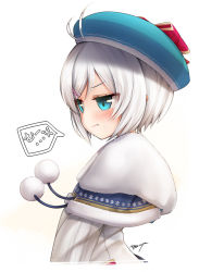 Rule 34 | .live, 1girl, :&lt;, :t, antenna hair, bad id, bad pixiv id, blue eyes, blush, capelet, closed mouth, commentary request, from side, fur trim, hat, hat ribbon, pom pom (clothes), red ribbon, ribbon, short hair, signature, silver hair, simple background, dennou shoujo siro, solo, tanyatonya, tearing up, tears, upper body, v-shaped eyebrows, virtual youtuber, white background