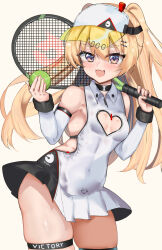 Rule 34 | 1girl, :d, absurdres, azur lane, bache (azur lane), bache (showy sports star) (azur lane), ball, bare shoulders, blonde hair, blush, breasts, carrying over shoulder, cleavage cutout, clothing cutout, collared dress, covered navel, detached sleeves, dress, english text, fang, gradient eyes, hair between eyes, hair ornament, hairclip, hands up, heart cutout, highres, hip focus, holding tennis racket, leaning forward, long hair, looking at viewer, multicolored eyes, open mouth, pleated dress, purple eyes, purplecat, short dress, skin tight, skindentation, small breasts, smile, solo, tennis ball, thigh strap, thighs, two-tone dress, very long hair, visor cap, white dress, yellow eyes