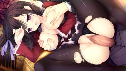 Rule 34 | 1girl, blush, grabbing another&#039;s breast, breasts, breasts out, brown hair, censored, clothed sex, clothing aside, couch, game cg, grabbing, grabbing from behind, groin, haruoto alice gram, indoors, large breasts, legs, long hair, lying, mitha, mosaic censoring, nipples, on side, original, panties, panties aside, pantyhose, penis, pink eyes, pussy, rindou yaya, school uniform, sex, skirt, spooning, spread legs, thighs, torn clothes, torn legwear, underwear, vaginal