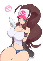 Rule 34 | 1girl, baseball cap, blue eyes, breasts, brown hair, creatures (company), denim, denim shorts, game freak, hat, highres, hilda (pokemon), large breasts, long hair, looking at viewer, nac000, nintendo, open mouth, pokemon, pokemon bw, ponytail, shorts, simple background, solo, thong, white background