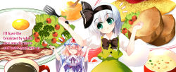 Rule 34 | 2girls, ^ ^, bacon, black neckwear, black ribbon, blue kimono, bow, bowtie, breasts, broccoli, center frills, cherry tomato, closed eyes, closed mouth, coffee, commentary request, cup, egg (food), english text, engrish text, food, fork, frills, green eyes, green skirt, green vest, hair ribbon, hands up, happy, hat, head tilt, hitodama, holding, holding fork, holding spatula, honey, japanese clothes, jar, ketchup, kimono, konpaku youmu, konpaku youmu (ghost), large breasts, lettuce, mob cap, mug, multiple girls, obi, omelet, omurice, open mouth, pepper, pink hair, plate, puffy short sleeves, puffy sleeves, ranguage, ribbon, saigyouji yuyuko, sash, shirt, short hair, short sleeves, skirt, skirt set, smile, spatula, sunny side up egg, tareme, teaspoon, tomato, touhou, triangular headpiece, usuusu, vest, white hair, white shirt, wide sleeves