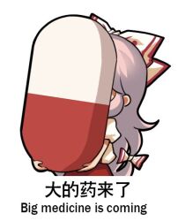 Rule 34 | 1girl, bilingual, bow, chibi, chinese text, covered face, english text, engrish text, fujiwara no mokou, hair bow, jokanhiyou, mixed-language text, pants, pill, ranguage, red pants, shirt, simple background, simplified chinese text, solo, suspenders, touhou, white background, white bow, white hair, white shirt